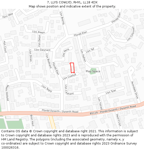 7, LLYS COWLYD, RHYL, LL18 4DX: Location map and indicative extent of plot