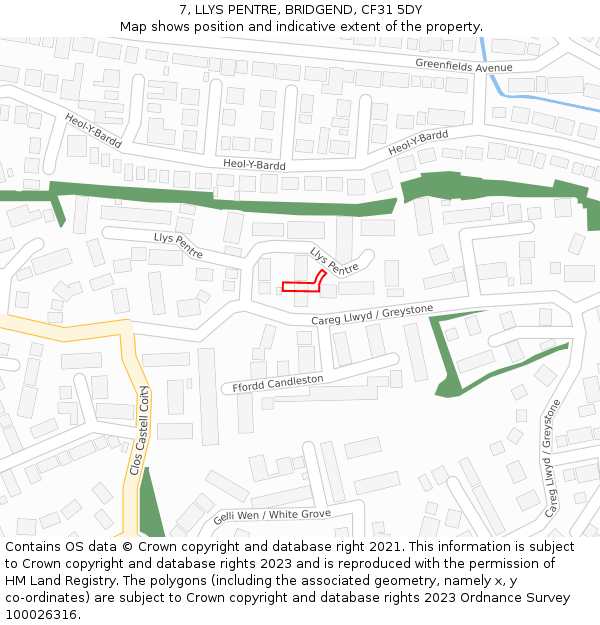 7, LLYS PENTRE, BRIDGEND, CF31 5DY: Location map and indicative extent of plot