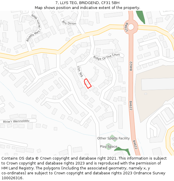 7, LLYS TEG, BRIDGEND, CF31 5BH: Location map and indicative extent of plot