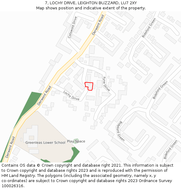 7, LOCHY DRIVE, LEIGHTON BUZZARD, LU7 2XY: Location map and indicative extent of plot