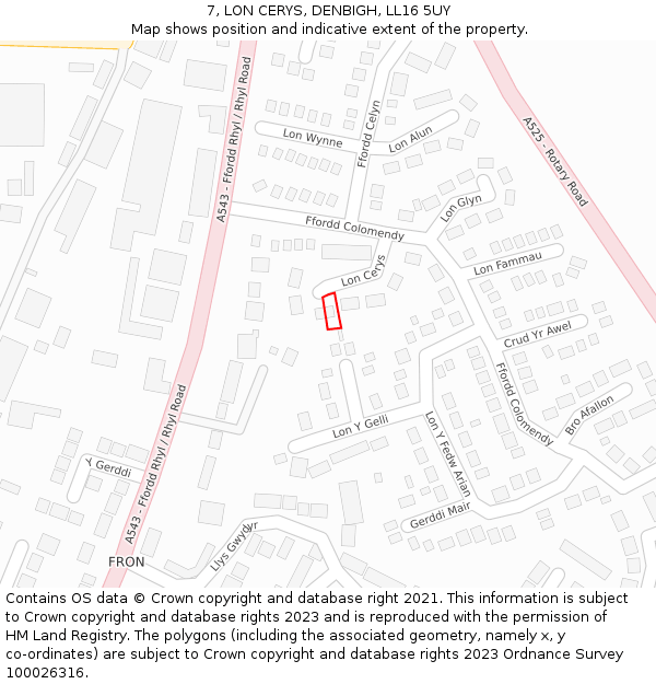 7, LON CERYS, DENBIGH, LL16 5UY: Location map and indicative extent of plot