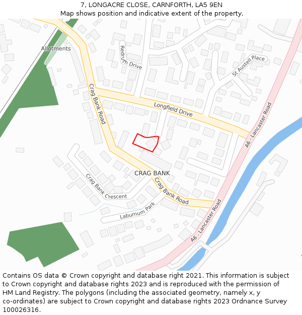 7, LONGACRE CLOSE, CARNFORTH, LA5 9EN: Location map and indicative extent of plot