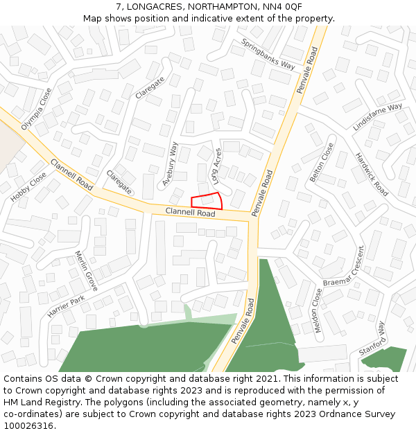 7, LONGACRES, NORTHAMPTON, NN4 0QF: Location map and indicative extent of plot
