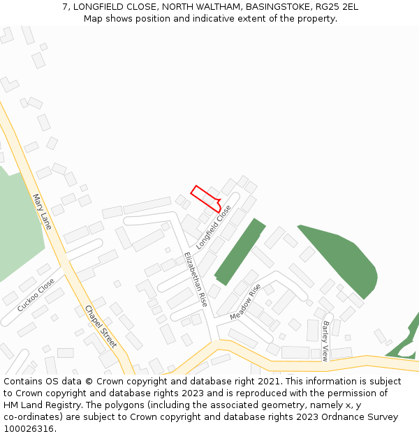 7, LONGFIELD CLOSE, NORTH WALTHAM, BASINGSTOKE, RG25 2EL: Location map and indicative extent of plot