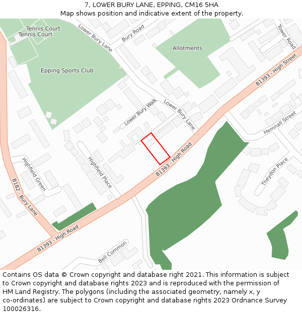 7, LOWER BURY LANE, EPPING, CM16 5HA: Location map and indicative extent of plot