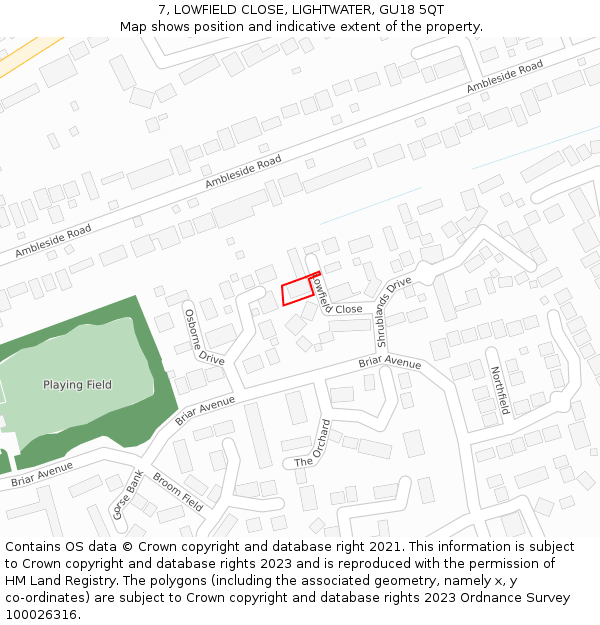 7, LOWFIELD CLOSE, LIGHTWATER, GU18 5QT: Location map and indicative extent of plot