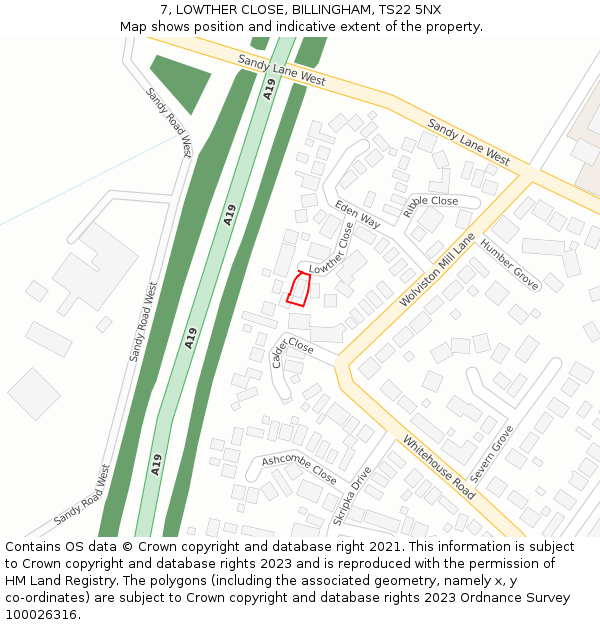 7, LOWTHER CLOSE, BILLINGHAM, TS22 5NX: Location map and indicative extent of plot