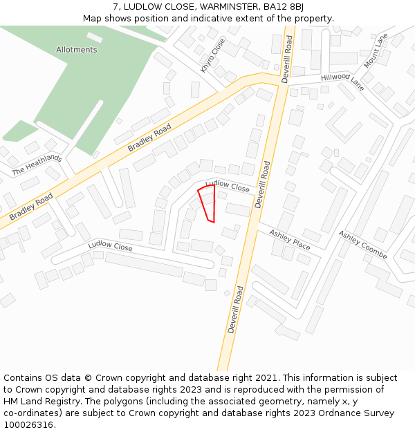 7, LUDLOW CLOSE, WARMINSTER, BA12 8BJ: Location map and indicative extent of plot