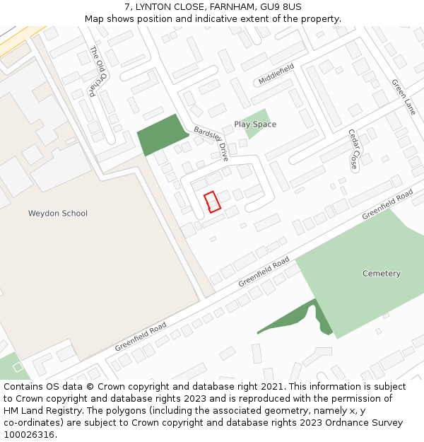 7, LYNTON CLOSE, FARNHAM, GU9 8US: Location map and indicative extent of plot