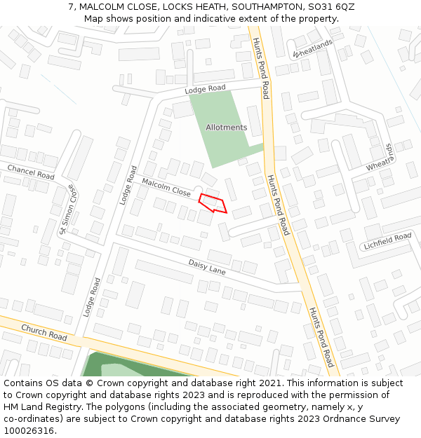 7, MALCOLM CLOSE, LOCKS HEATH, SOUTHAMPTON, SO31 6QZ: Location map and indicative extent of plot