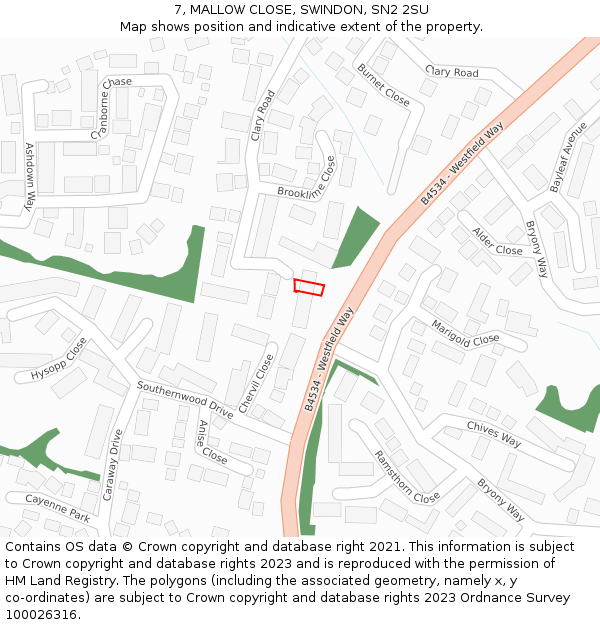 7, MALLOW CLOSE, SWINDON, SN2 2SU: Location map and indicative extent of plot