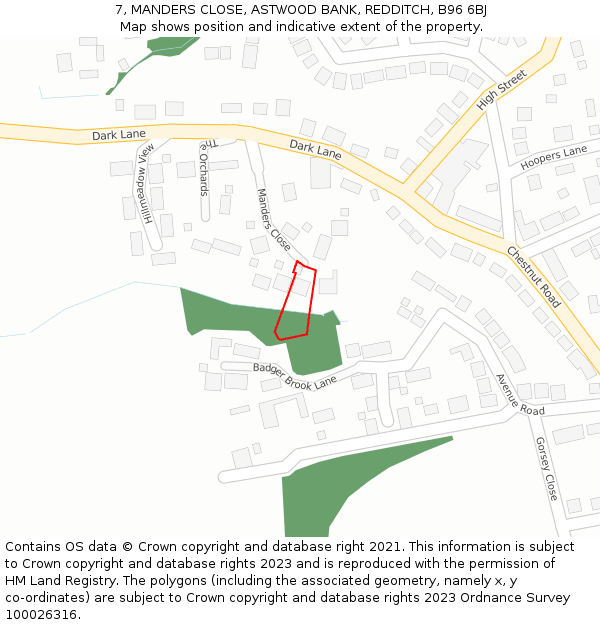 7, MANDERS CLOSE, ASTWOOD BANK, REDDITCH, B96 6BJ: Location map and indicative extent of plot