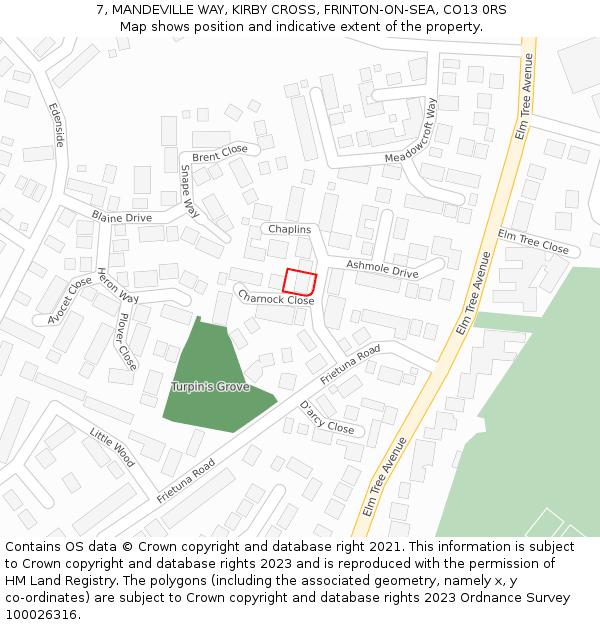 7, MANDEVILLE WAY, KIRBY CROSS, FRINTON-ON-SEA, CO13 0RS: Location map and indicative extent of plot