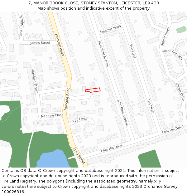 7, MANOR BROOK CLOSE, STONEY STANTON, LEICESTER, LE9 4BR: Location map and indicative extent of plot