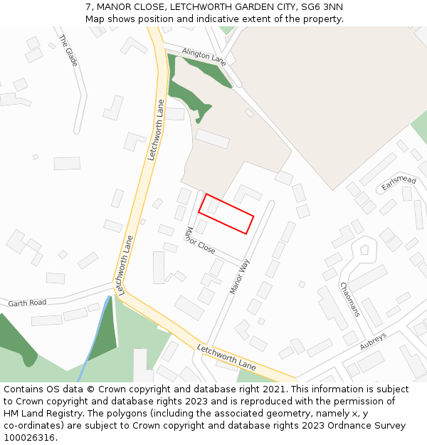 7, MANOR CLOSE, LETCHWORTH GARDEN CITY, SG6 3NN: Location map and indicative extent of plot