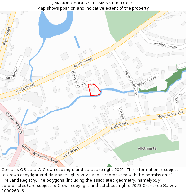 7, MANOR GARDENS, BEAMINSTER, DT8 3EE: Location map and indicative extent of plot