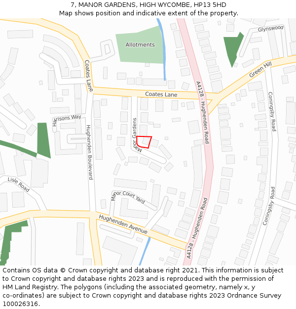 7, MANOR GARDENS, HIGH WYCOMBE, HP13 5HD: Location map and indicative extent of plot