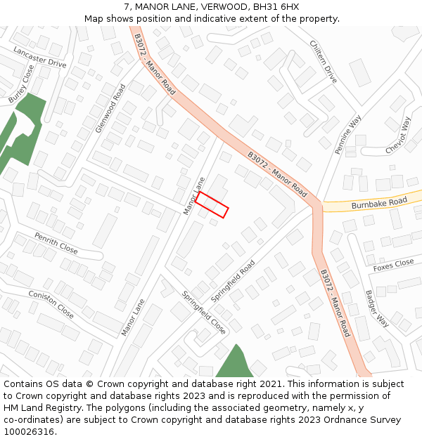 7, MANOR LANE, VERWOOD, BH31 6HX: Location map and indicative extent of plot