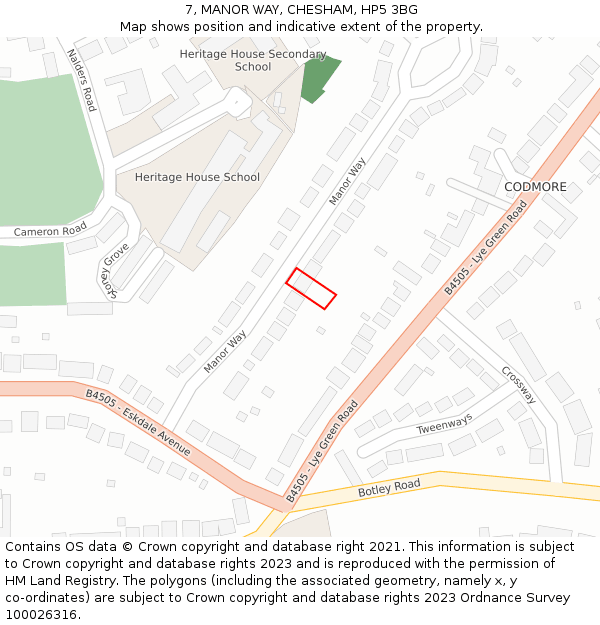 7, MANOR WAY, CHESHAM, HP5 3BG: Location map and indicative extent of plot