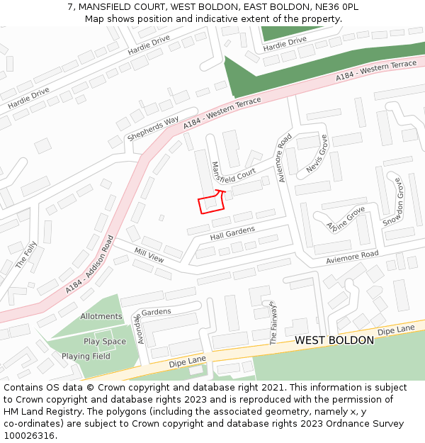 7, MANSFIELD COURT, WEST BOLDON, EAST BOLDON, NE36 0PL: Location map and indicative extent of plot