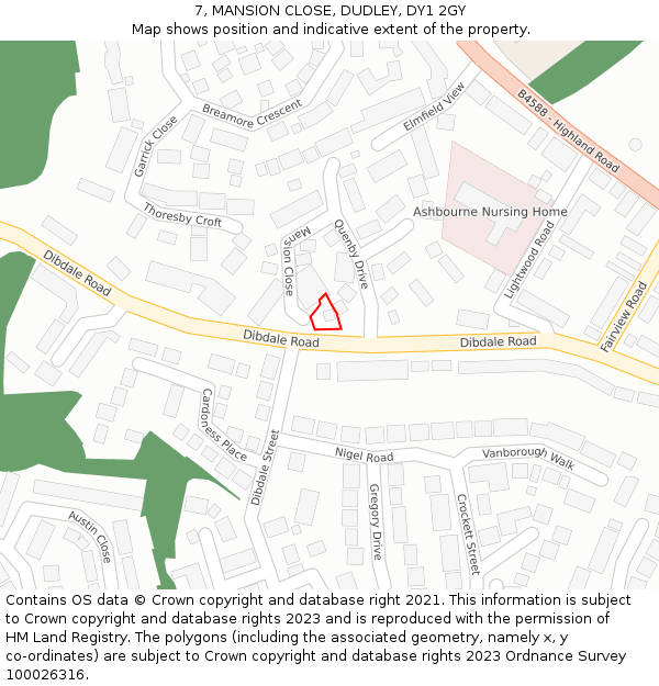 7, MANSION CLOSE, DUDLEY, DY1 2GY: Location map and indicative extent of plot