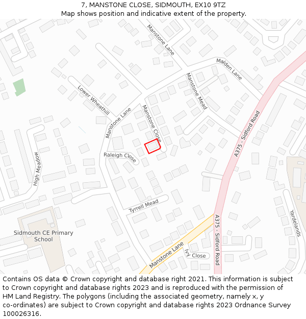 7, MANSTONE CLOSE, SIDMOUTH, EX10 9TZ: Location map and indicative extent of plot