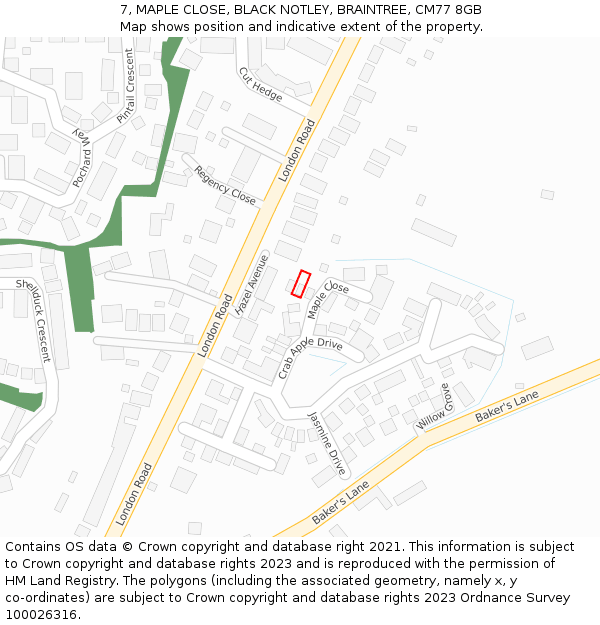 7, MAPLE CLOSE, BLACK NOTLEY, BRAINTREE, CM77 8GB: Location map and indicative extent of plot