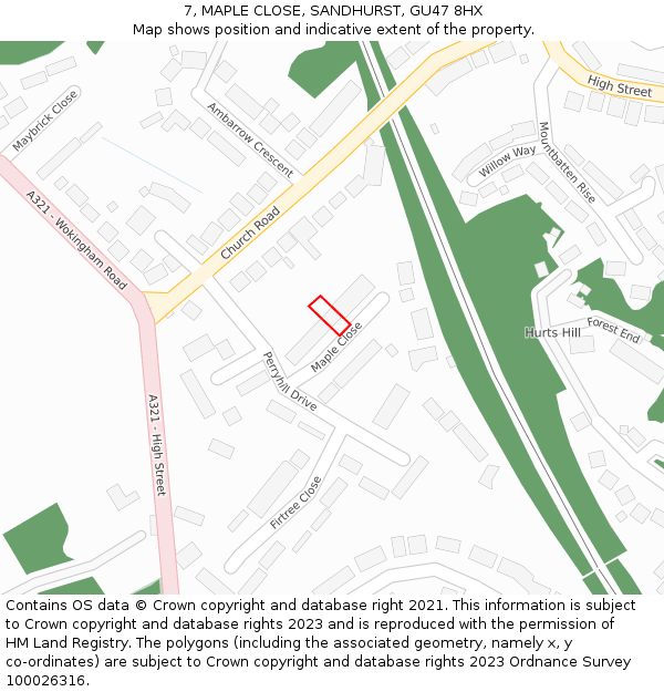 7, MAPLE CLOSE, SANDHURST, GU47 8HX: Location map and indicative extent of plot