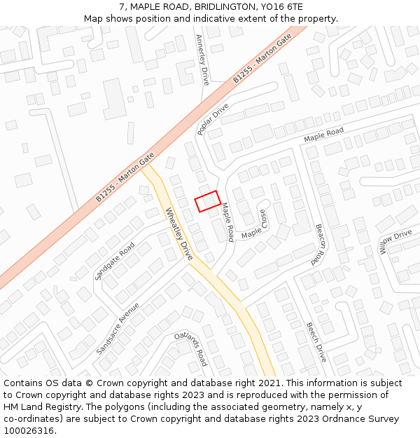 7, MAPLE ROAD, BRIDLINGTON, YO16 6TE: Location map and indicative extent of plot
