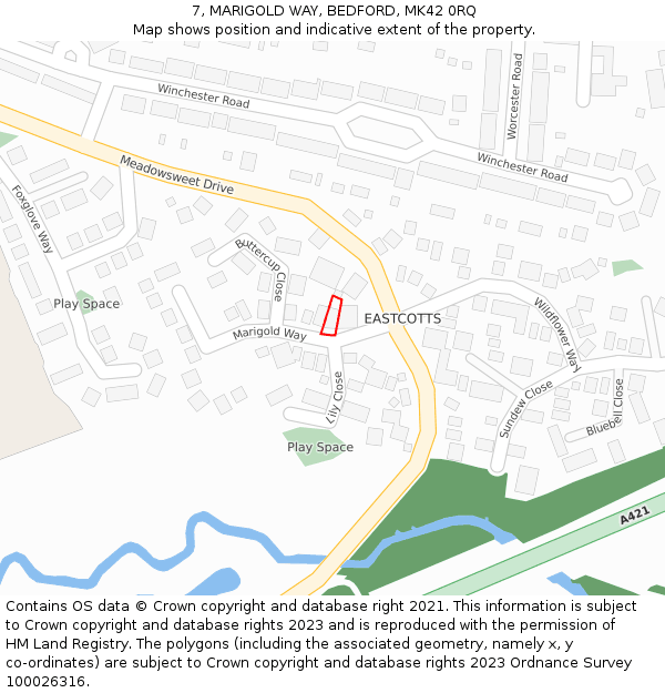 7, MARIGOLD WAY, BEDFORD, MK42 0RQ: Location map and indicative extent of plot