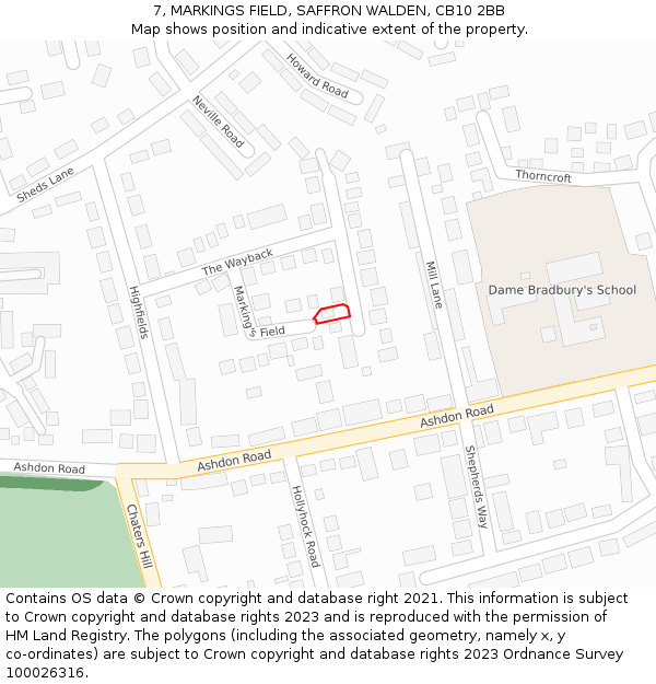 7, MARKINGS FIELD, SAFFRON WALDEN, CB10 2BB: Location map and indicative extent of plot