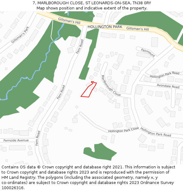 7, MARLBOROUGH CLOSE, ST LEONARDS-ON-SEA, TN38 0RY: Location map and indicative extent of plot