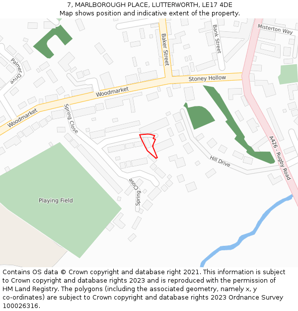 7, MARLBOROUGH PLACE, LUTTERWORTH, LE17 4DE: Location map and indicative extent of plot
