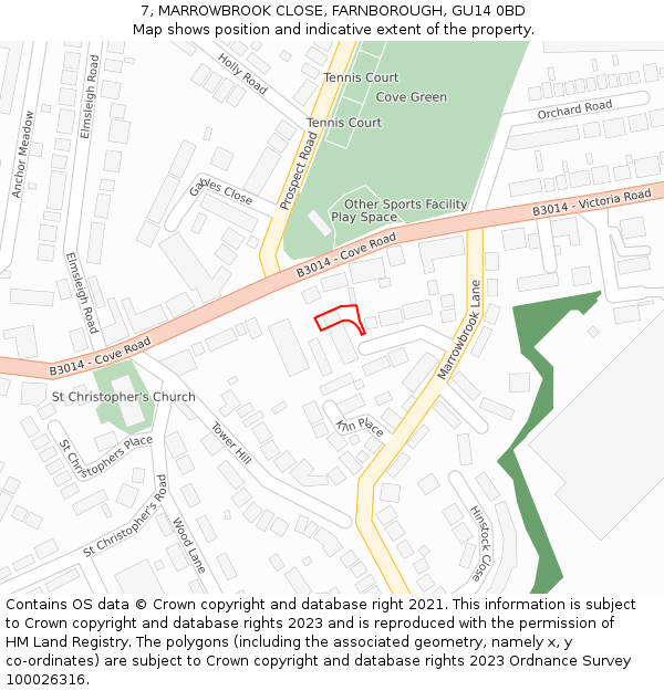 7, MARROWBROOK CLOSE, FARNBOROUGH, GU14 0BD: Location map and indicative extent of plot