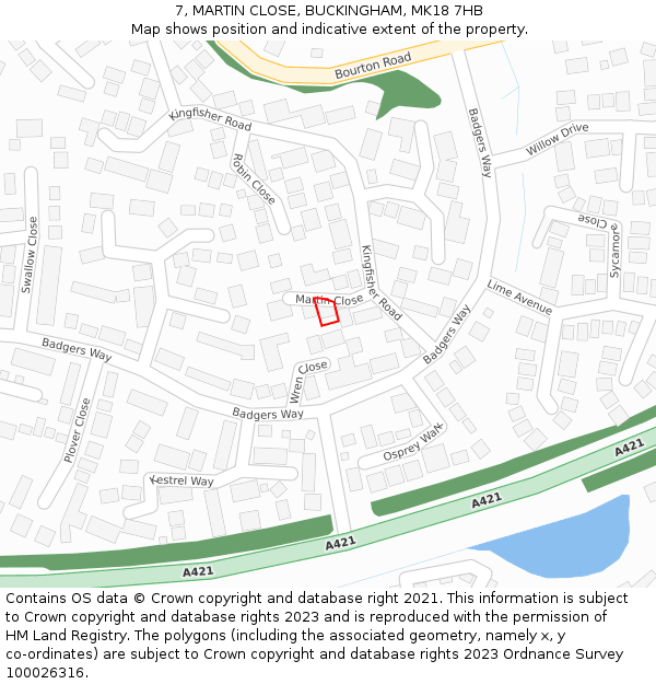 7, MARTIN CLOSE, BUCKINGHAM, MK18 7HB: Location map and indicative extent of plot