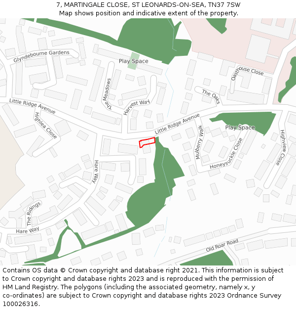 7, MARTINGALE CLOSE, ST LEONARDS-ON-SEA, TN37 7SW: Location map and indicative extent of plot