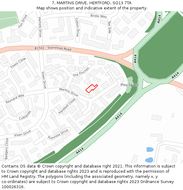 7, MARTINS DRIVE, HERTFORD, SG13 7TA: Location map and indicative extent of plot