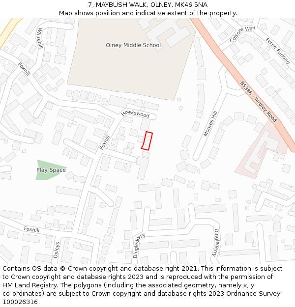 7, MAYBUSH WALK, OLNEY, MK46 5NA: Location map and indicative extent of plot