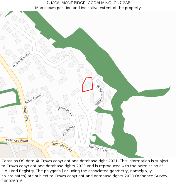 7, MCALMONT RIDGE, GODALMING, GU7 2AR: Location map and indicative extent of plot