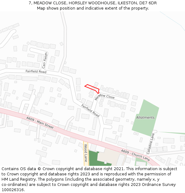 7, MEADOW CLOSE, HORSLEY WOODHOUSE, ILKESTON, DE7 6DR: Location map and indicative extent of plot