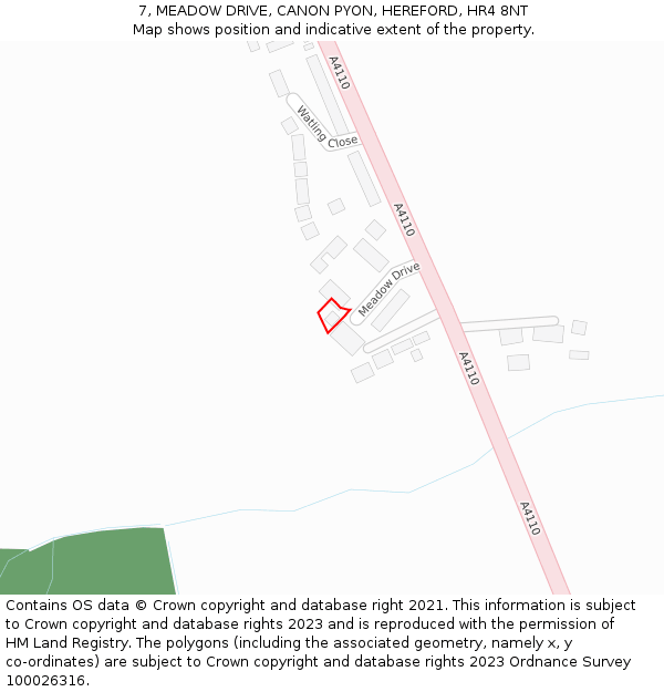 7, MEADOW DRIVE, CANON PYON, HEREFORD, HR4 8NT: Location map and indicative extent of plot
