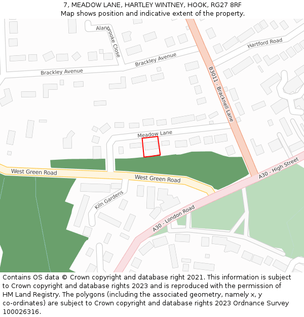 7, MEADOW LANE, HARTLEY WINTNEY, HOOK, RG27 8RF: Location map and indicative extent of plot