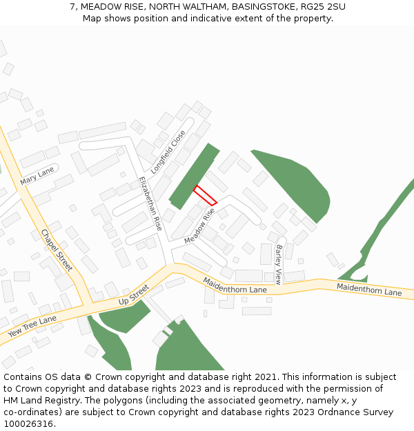 7, MEADOW RISE, NORTH WALTHAM, BASINGSTOKE, RG25 2SU: Location map and indicative extent of plot