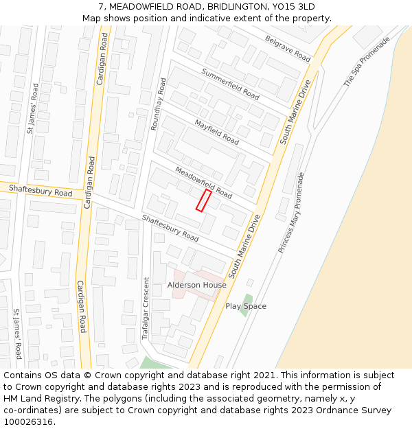 7, MEADOWFIELD ROAD, BRIDLINGTON, YO15 3LD: Location map and indicative extent of plot