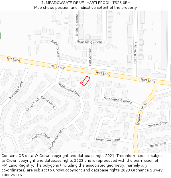 7, MEADOWGATE DRIVE, HARTLEPOOL, TS26 0RH: Location map and indicative extent of plot