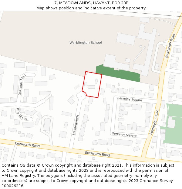 7, MEADOWLANDS, HAVANT, PO9 2RP: Location map and indicative extent of plot