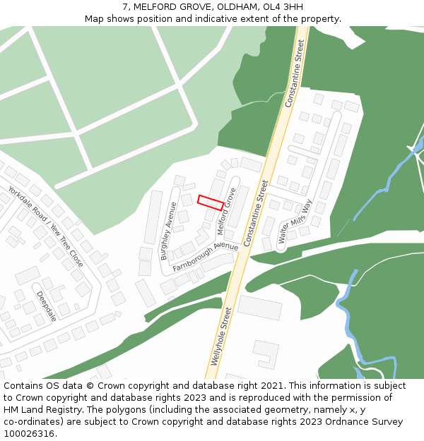 7, MELFORD GROVE, OLDHAM, OL4 3HH: Location map and indicative extent of plot