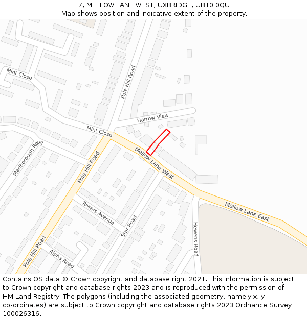 7, MELLOW LANE WEST, UXBRIDGE, UB10 0QU: Location map and indicative extent of plot