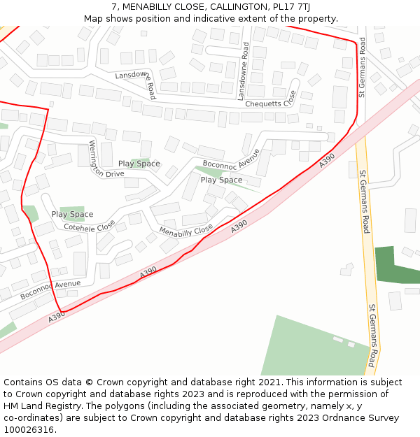 7, MENABILLY CLOSE, CALLINGTON, PL17 7TJ: Location map and indicative extent of plot