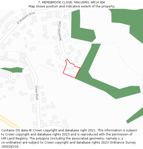 7, MEREBROOK CLOSE, MALVERN, WR14 4JW: Location map and indicative extent of plot